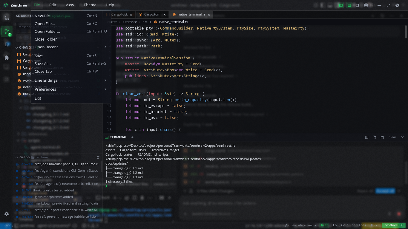Zenthree Git Source Control with Commit Graph and File Menu