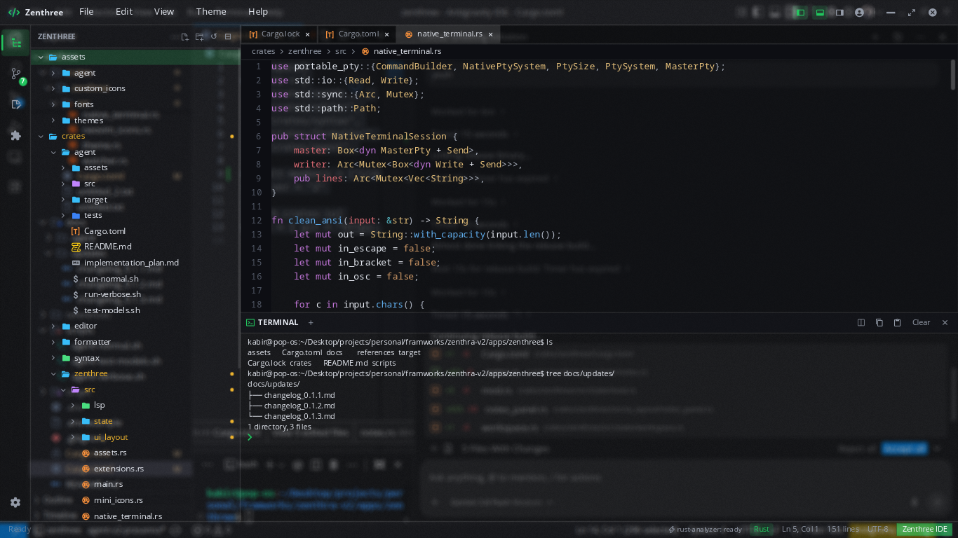 Zenthree Minimalist File Tree and Embedded PTY Terminal